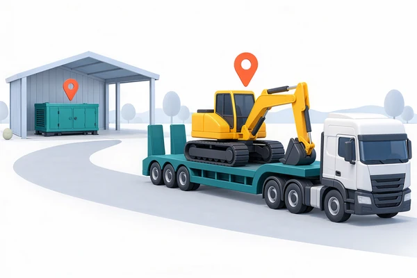 Transporting an excavator between sites and tracking stored equipment