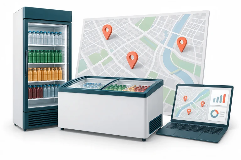 Remote map-based tracking of beverage coolers and ice cream freezers
