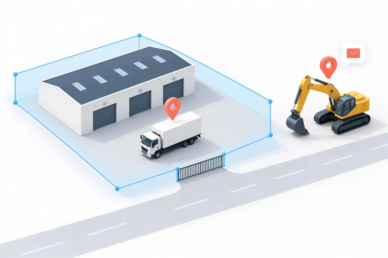 A truck within its designated operating area and machinery outside it